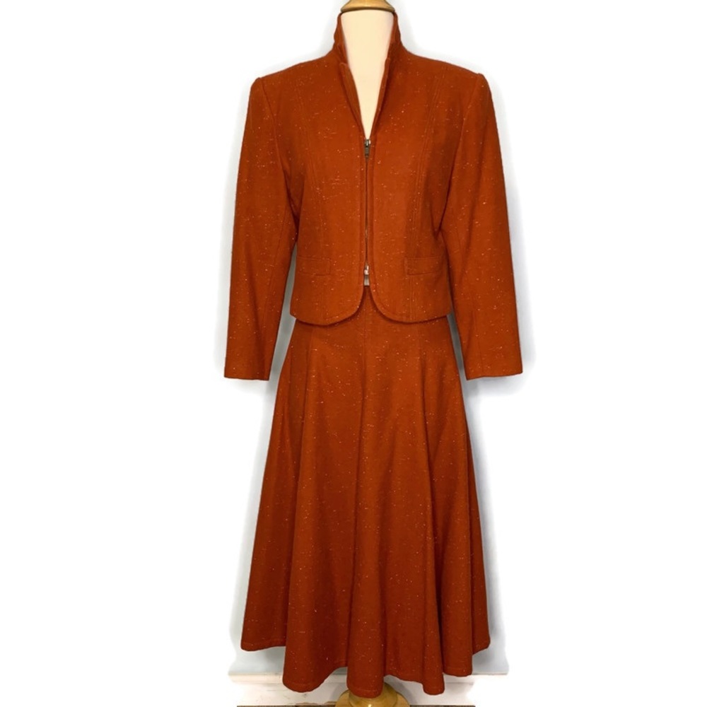 Vintage Rose Garden Wool Blend Tweed Burnt Orange Zippered Jacket Skirt Suit 4/6